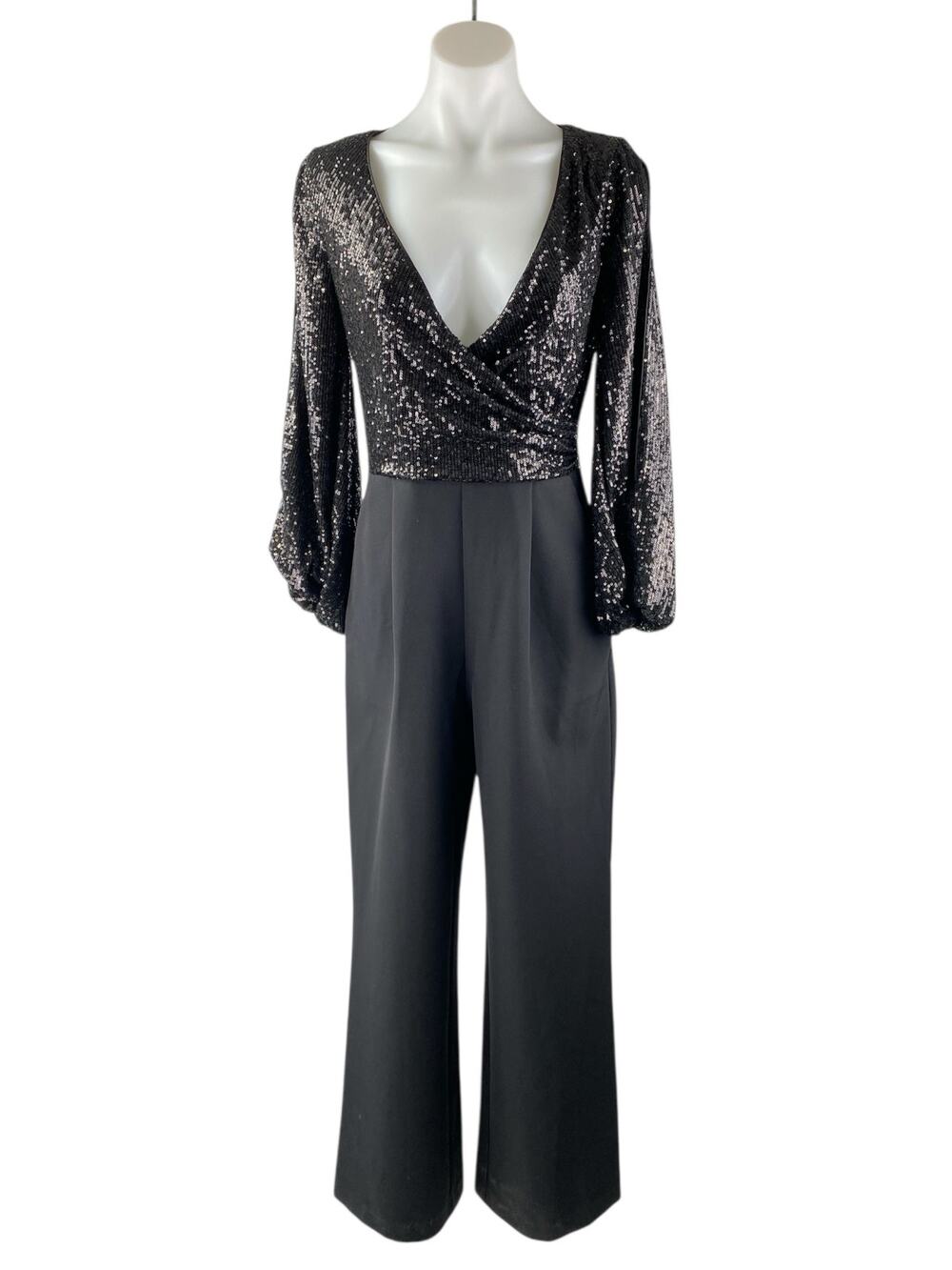 Ever New Black Sequin Long Sleeve V Neck Pleated Wide Leg Wrap Romer Jumpsuit S